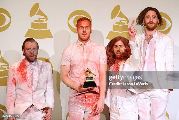 Musicians Ben McKee, Dan Reynolds, Wayne Sermon, and Daniel Platzman of Imagine Dragons, winners of the Best Rock Performance Award for 'Radioactive'...