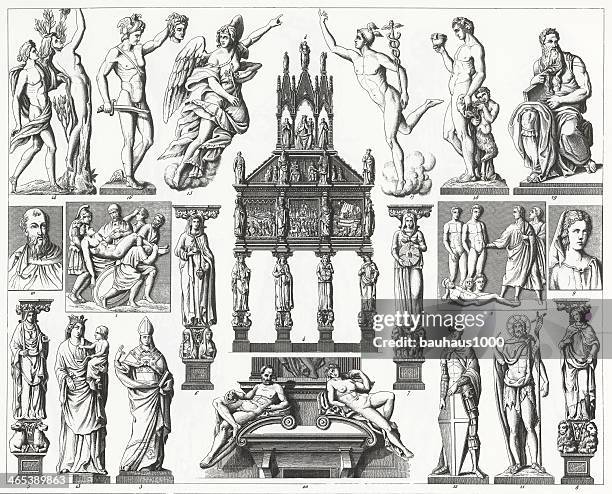 an illustration of renaissance sculpture from 1851. - greek god apollo stock illustrations