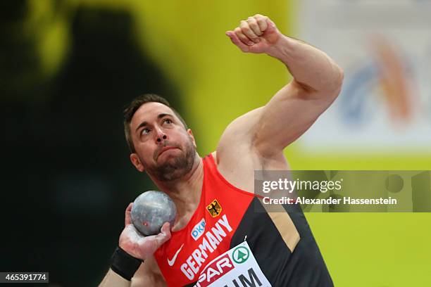 Tobias Dahm of Germany competes in the Men's Shot Put Final during day one of the 2015 European Athletics Indoor Championships at O2 Arena on March...