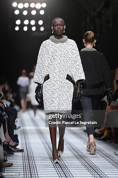 Model walks the runway during the Balenciaga show as part of the Paris Fashion Week Womenswear Fall/Winter 2015/2016 on March 6, 2015 in Paris,...