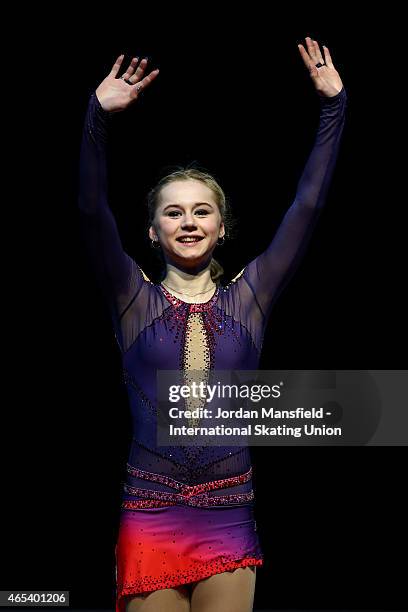 Serafima Sakhanovich of Russia waves to the crowd after coming second in the Junior Women's Competition on Day 3 of the ISU World Junior Figure...