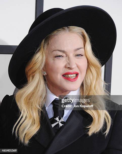 Singer Madonna arrives at the 56th GRAMMY Awards at Staples Center on January 26, 2014 in Los Angeles, California.