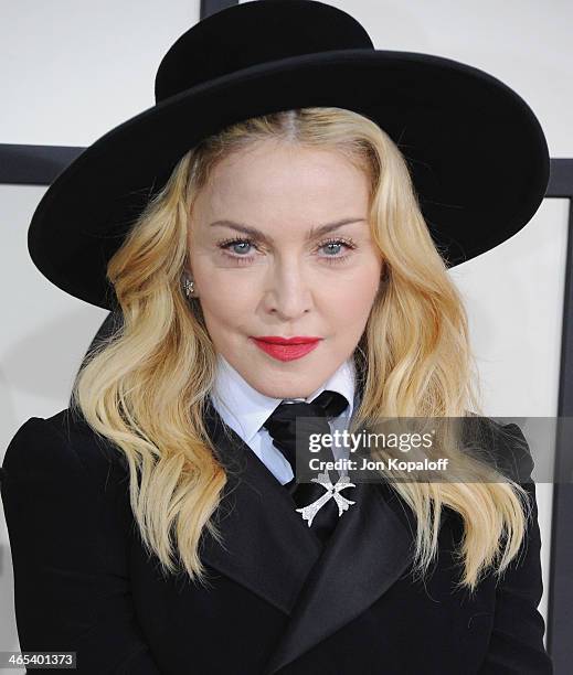 Singer Madonna arrives at the 56th GRAMMY Awards at Staples Center on January 26, 2014 in Los Angeles, California.