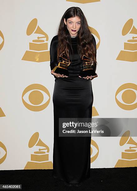 Singer Lorde poses in the press room at the 56th GRAMMY Awards at Staples Center on January 26, 2014 in Los Angeles, California.