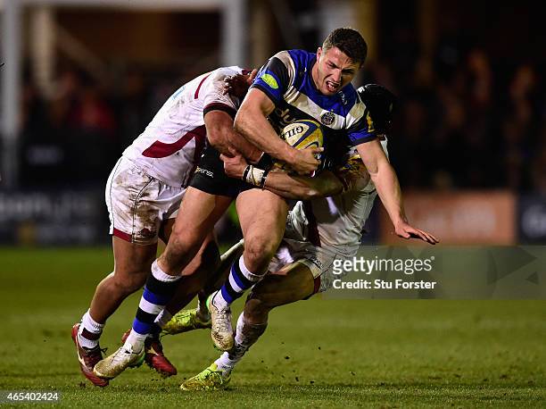 Bath centre Sam Burgess runs through the Sale defence during the Aviva Premiership match between Bath Rugby and Sale Sharks at Recreation Ground on...