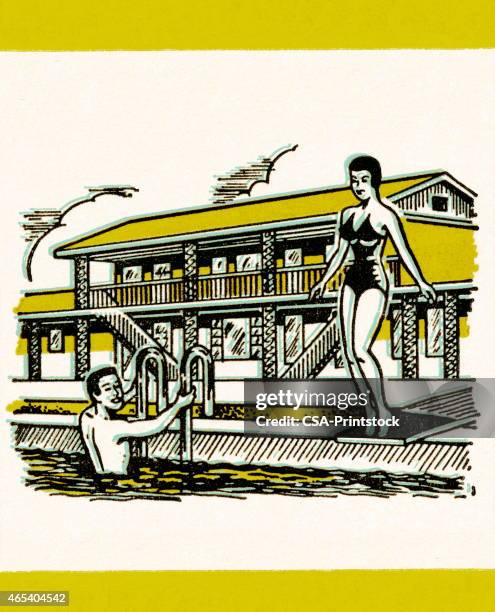 couple at swimming pool - motel stock illustrations