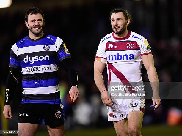 Brothers Luke Arscott of Bath and Sale wing Tom Arscott share a joke after the Aviva Premiership match between Bath Rugby and Sale Sharks at...