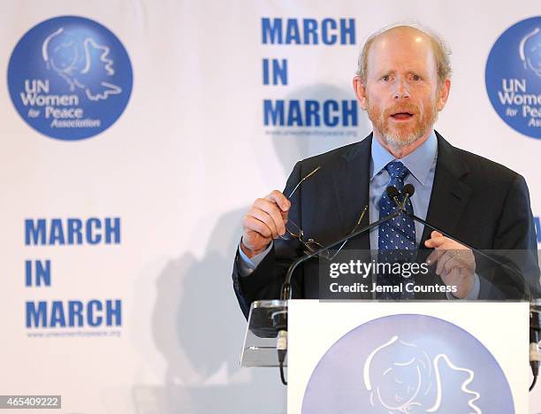 Director Ron Howard speaks at the UN Women For Peace Association International Women's Day Celebration at the UN Delegates Dining Room and Terrace on...