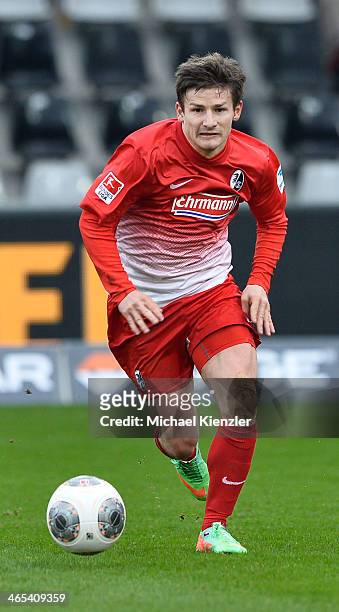 Vaclav Pilar of Freiburg runs with ball during the Bundesliga match between SC Freiburg and Bayer Leverkusen at Mage Solar Stadium on January 25,...