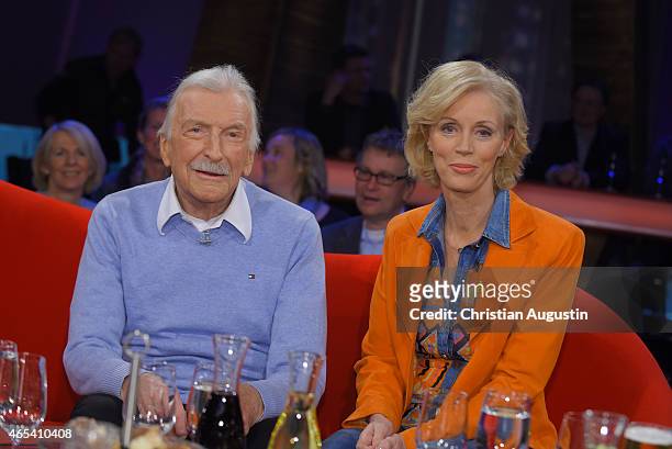 James Last and his wife Christine Grundner attend NDR Talkshow at NDR Studios on March 6, 2015 in Hamburg, Germany.