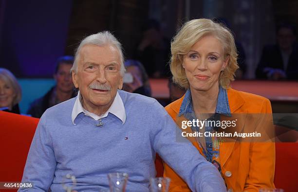 James Last and his wife Christine Grundner attend NDR Talkshow at NDR Studios on March 6, 2015 in Hamburg, Germany.