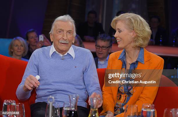 James Last and his wife Christine Grundner attend NDR Talkshow at NDR Studios on March 6, 2015 in Hamburg, Germany.