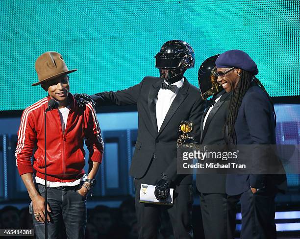 Pharrell Williams, Daft Punk's Thomas Bangalter and Guy-Manuel de Homem-Christo and musician Nile Rodgers accept award onstage during the 56th GRAMMY...