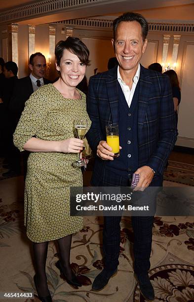 Olivia Colman and Richard E. Grant attend a drinks reception at the South Bank Sky Arts awards at the Dorchester Hotel on January 27, 2014 in London,...