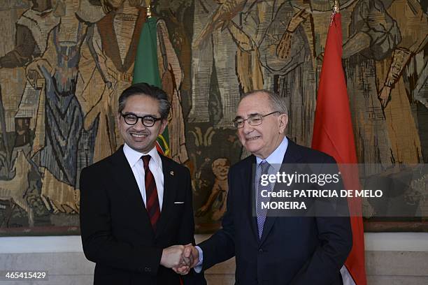 Portuguese Foreign Minister Rui Manchete poses with his Indonesian counterpart Marty Natalegawa's after their meeting at Necessidades Palace on...