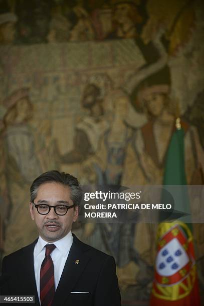 Foreign Minister Marty Natalegawa's stands during a press conference after his meeting with Portuguese Foreign Minister Rui Manchete at Necessidades...