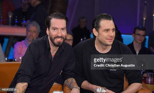 The Boss Hoss Alec Voelkel and Sascha Vollmer attend NDR Talkshow at NDR Studios on March 6, 2015 in Hamburg, Germany.