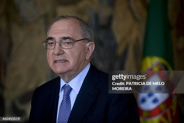 Portuguese Foreign Minister Rui Manchete stands during a press conference with Indonesian Foreign Minister Marty Natalegawa's at Necessidades Palace...