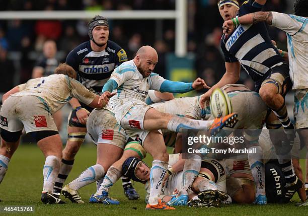 Paul Hodgson of Worcester Warriors kicks the ball forward during the LV= Cup match between Sale Sharks and Worcester Warriors at AJ Bell Stadium on...
