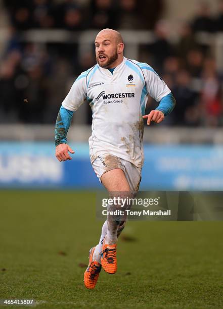 Paul Hodgson of Worcester Warriors during the LV= Cup match between Sale Sharks and Worcester Warriors at AJ Bell Stadium on January 25, 2014 in...