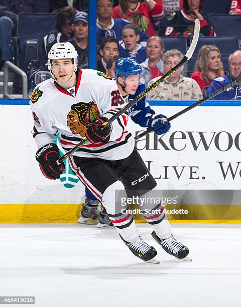 Kyle Cumisky of the Chicago Blackhawks skates against the Tampa Bay Lightning at the Amalie Arena on February 27, 2015 in Tampa, Florida.