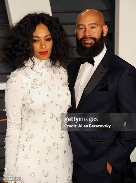 Singer Solange Knowles and director Alan Ferguson attend the 2015 Vanity Fair Oscar Party hosted by Graydon Carter at Wallis Annenberg Center for the...