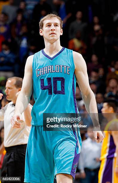 Cody Zeller of the Charlotte Hornets looks on during the game against the Los Angeles Lakers on March 3, 2015 at at Time Warner Cable Arena in...