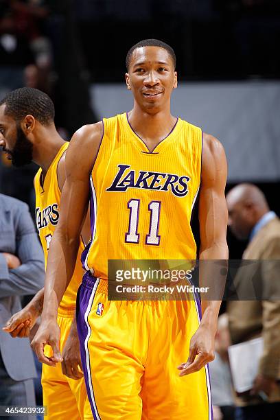 Wesley Johnson of the Los Angeles Lakers looks on during the game against the Charlotte Hornets on March 3, 2015 at at Time Warner Cable Arena in...