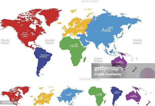 vector map of the world: america,europe,asia,oceania,africa - north america and europe stock illustrations