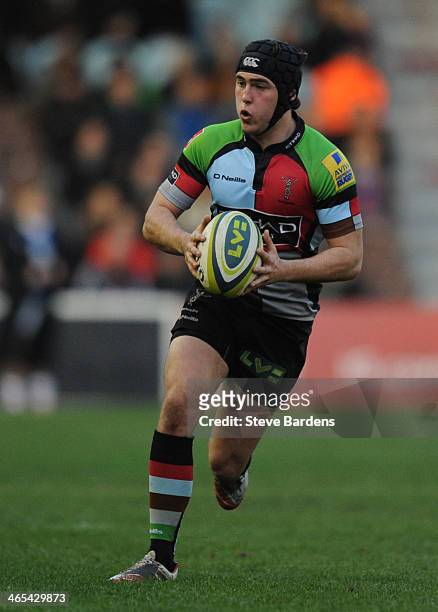 Louis Grimoldby of Harlequins in action during the LV= Cup match between Harlequins and Leicester Tigers at Twickenham Stoop on January 25, 2014 in...