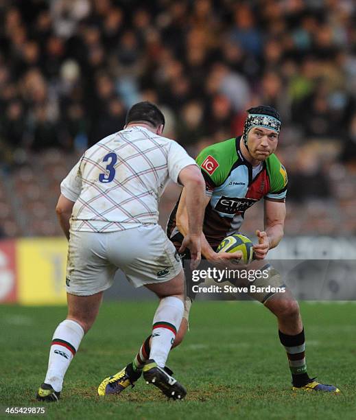 Nick Kennedy of Harlequins in action during the LV= Cup match between Harlequins and Leicester Tigers at Twickenham Stoop on January 25, 2014 in...