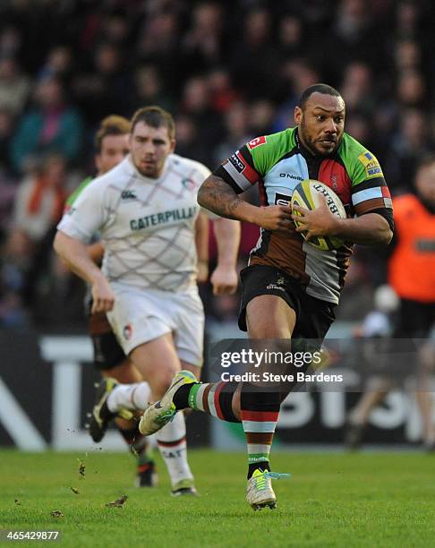 Jordan Turner-Hall of Harlequins in action during the LV= Cup match between Harlequins and Leicester Tigers at Twickenham Stoop on January 25, 2014...