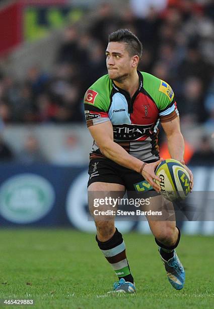 Ben Botica of Harlequins in action during the LV= Cup match between Harlequins and Leicester Tigers at Twickenham Stoop on January 25, 2014 in...