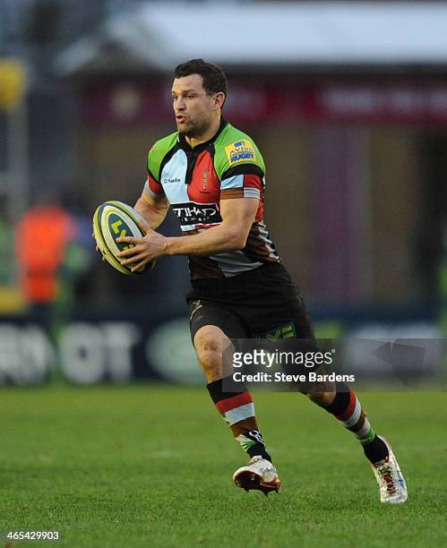 Karl Dickson of Harlequins in action during the LV= Cup match between Harlequins and Leicester Tigers at Twickenham Stoop on January 25, 2014 in...