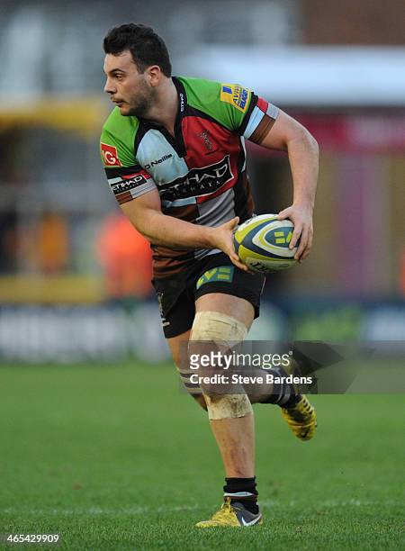 Joe Trayfoot of Harlequins during the warm up before the LV= Cup match between Harlequins and Leicester Tigers at Twickenham Stoop on January 25,...