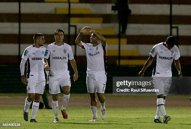 Maximiliano Velasco of San Martin celebrates the first goal of his team against Sporting Cristal during a match between San Martin and Sporting...