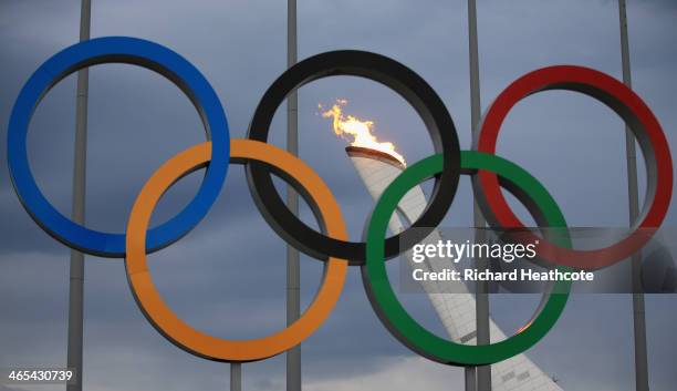 The Olympic Cauldron is tested by fire crews at the Sochi 2014 Winter Olympic Park in the Costal Cluster on January 27, 2014 in Sochi, Russia.