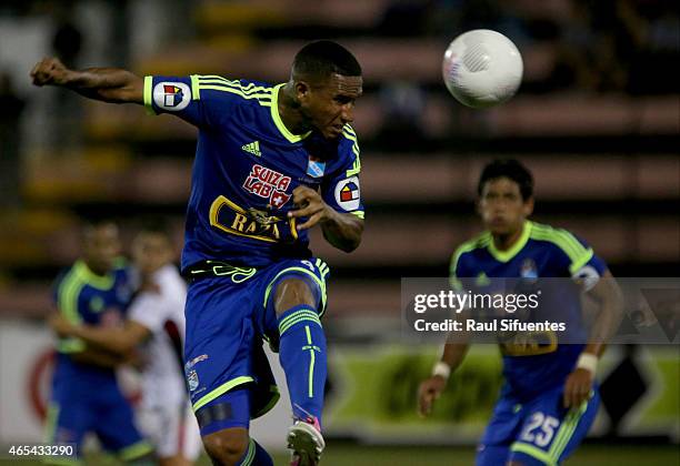 Adan Balbin of Sporting Cristal heads the ball during a match between San Martin and Sporting Cristal as part of sixth round of Torneo del Inca 2015...