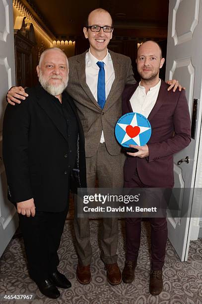 Presenter Simon Russell Beale poses with writer Jack Thorne and director John Tiffany, winners of the South Bank Sky Arts award for Theatre on behal...