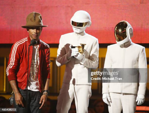 Pharrell Williams and Daft Punk accept an award onstage during the 56th GRAMMY Awards held at Staples Center on January 26, 2014 in Los Angeles,...