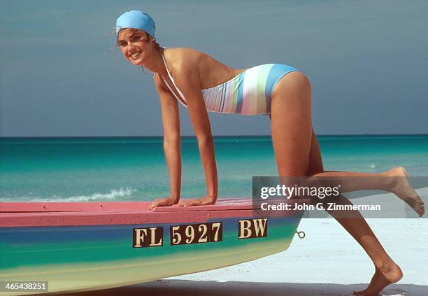 Swimsuit Issue 1981: Model Carol Alt is photographed for the 1981 Sports Illustrated Swimsuit issue on January 2, 1981 in Shell Island, Florida....