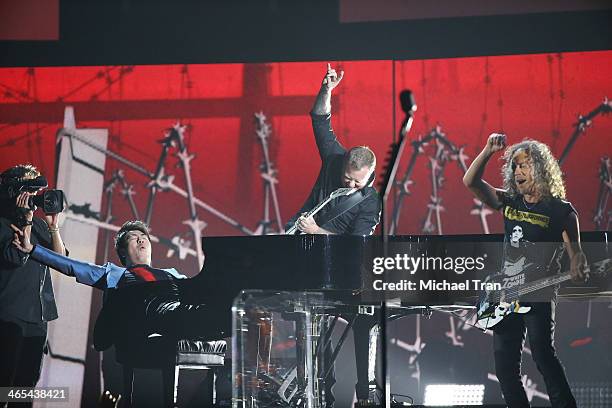 Lang Lang, James Hetfield and Kirk Hammett of Metallica perform onstage during the 56th GRAMMY Awards held at Staples Center on January 26, 2014 in...