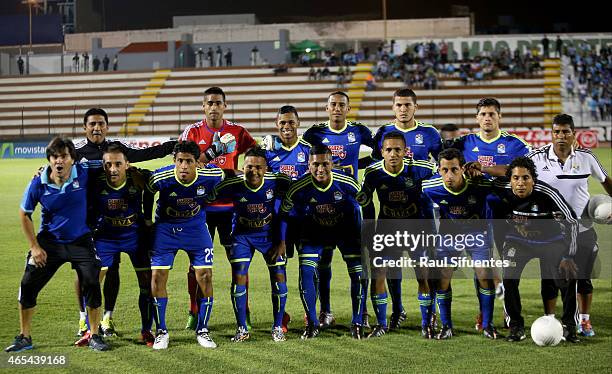 Players of Sporting Cristal pose for a group photo prior a match between San Martin and Sporting Cristal as part of sixth round of Torneo del Inca...