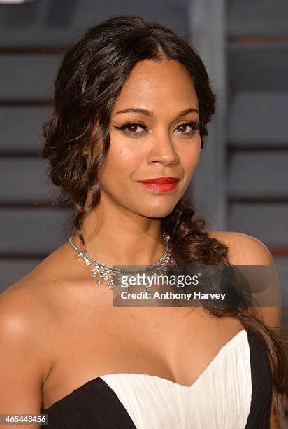 Zoe Saldana arrives at the 2015 Vanity Fair Oscar Party Hosted By Graydon Carter at Wallis Annenberg Center for the Performing Arts on February 22,...