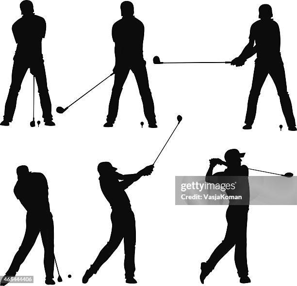 golf player teeing off - silhouettes set - driver golf club stock illustrations