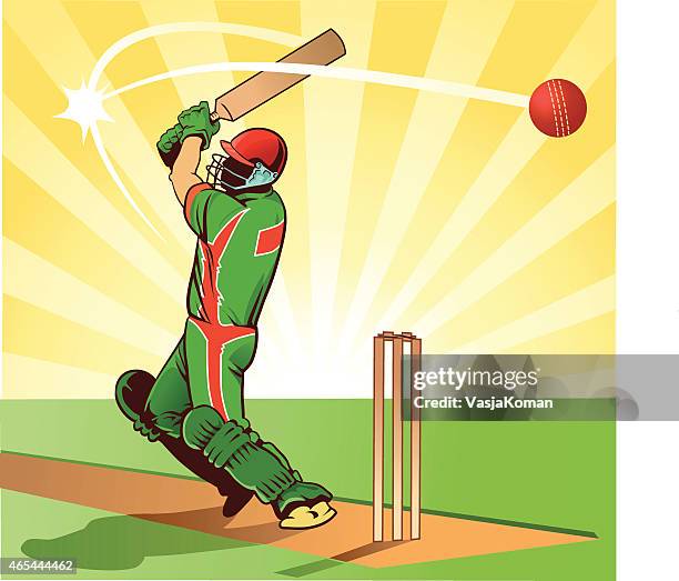 sport of cricket - batsman hits ball for four runs - cricket ball stock illustrations