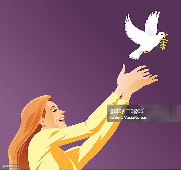 young women releases white peace dove - releasing stock illustrations