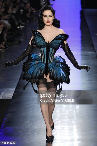 Dita Von Teese walks the runway during Jean Paul Gaultier show as part of Paris Fashion Week Haute Couture Spring/Summer 2014 on January 22, 2014 in...