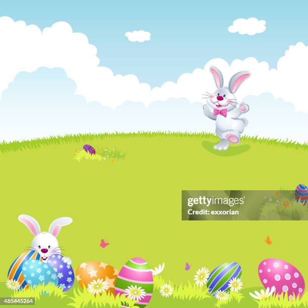 bunny palying easter egg hunt in spring - group jogging stock illustrations