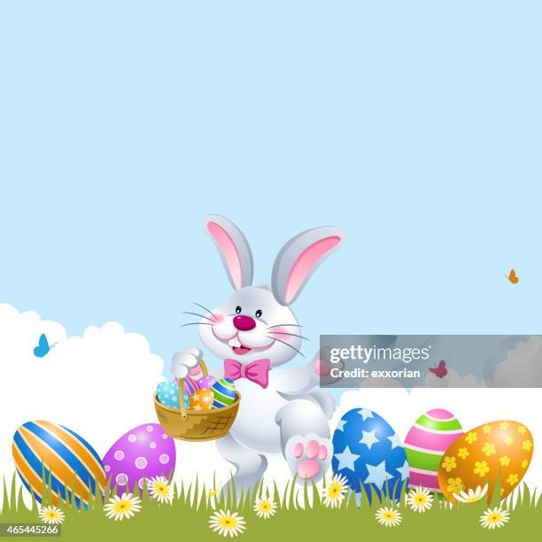 ilustraciones, imágenes clip art, dibujos animados e iconos de stock de conejo de pascua palying huevo de pascua hunt - easter egg hunt